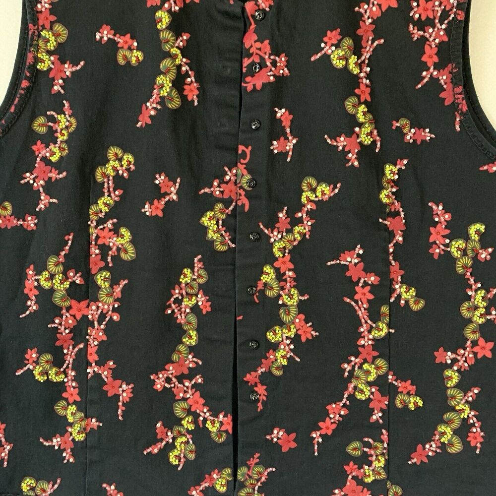 British Khaki Vest Women 1X Black Denim Snap Buttons Beaded Boho Artsy Floral - Picture 9 of 16